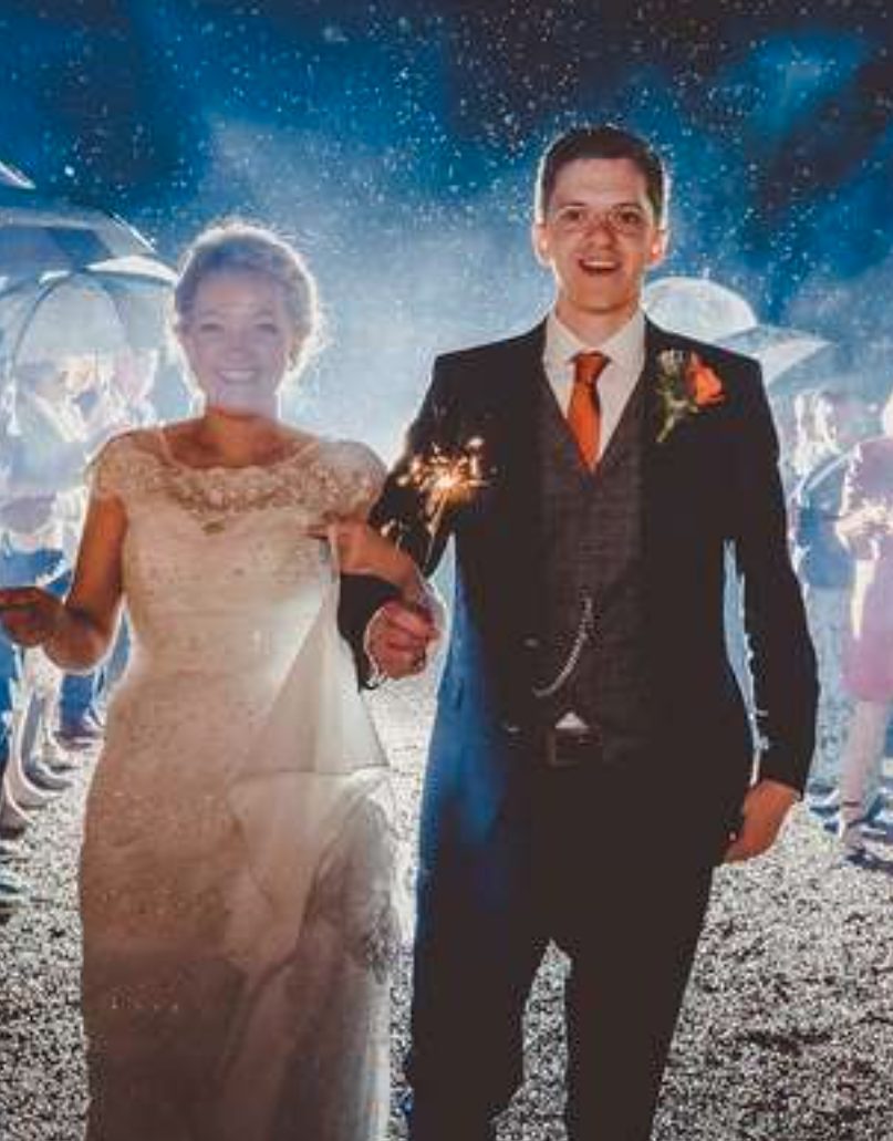 Bride and groom sparkler walk through