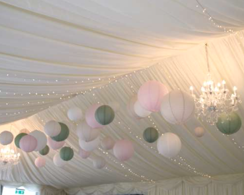 Pink, white and green lanterns in the marquee