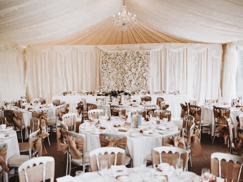 wedding breakfast set up in the marquee