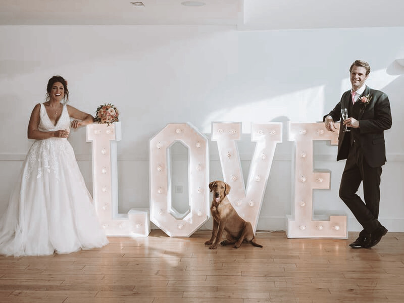 bride and groom with dog and light up LOVE letters