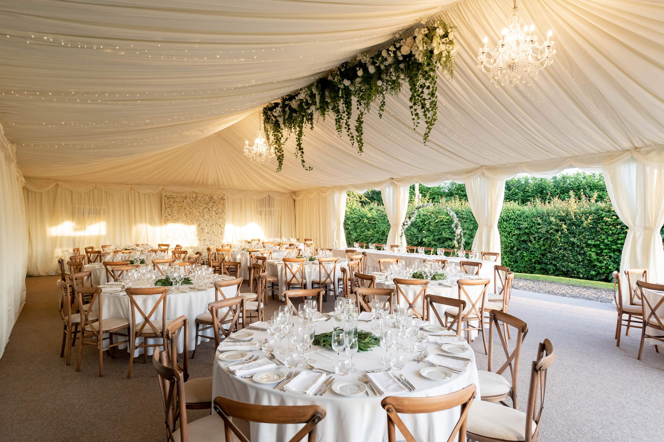 the wedding breakfast set up in the marquee at Manor Hill House