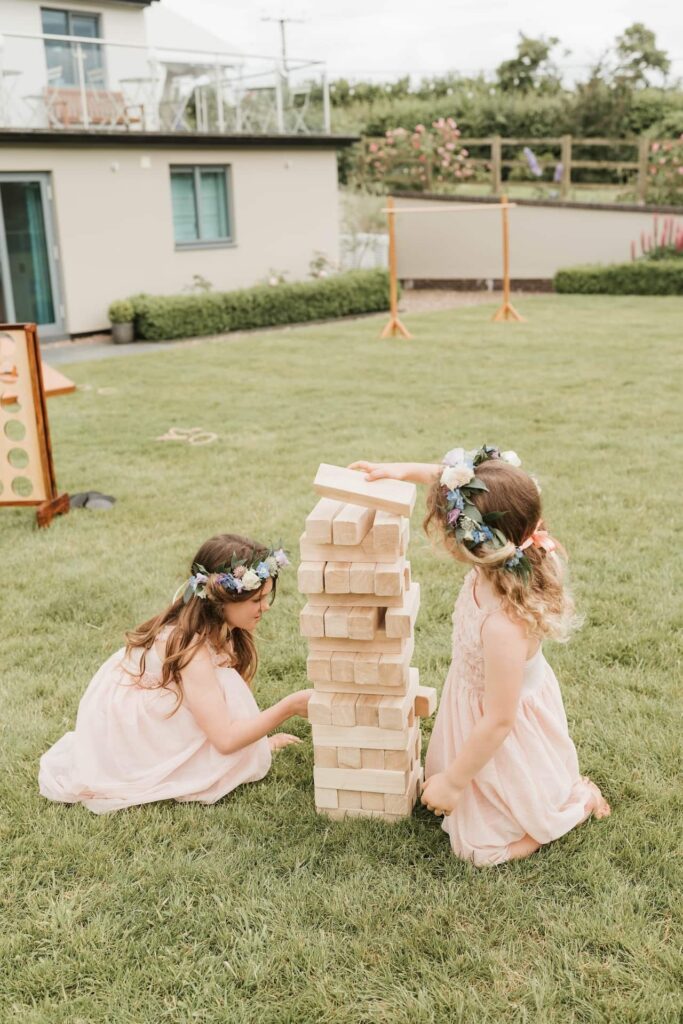 Garden games with brides and flower girls - jenga